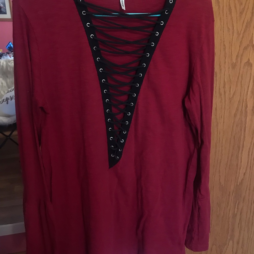 Red long sleeve with deep V neck